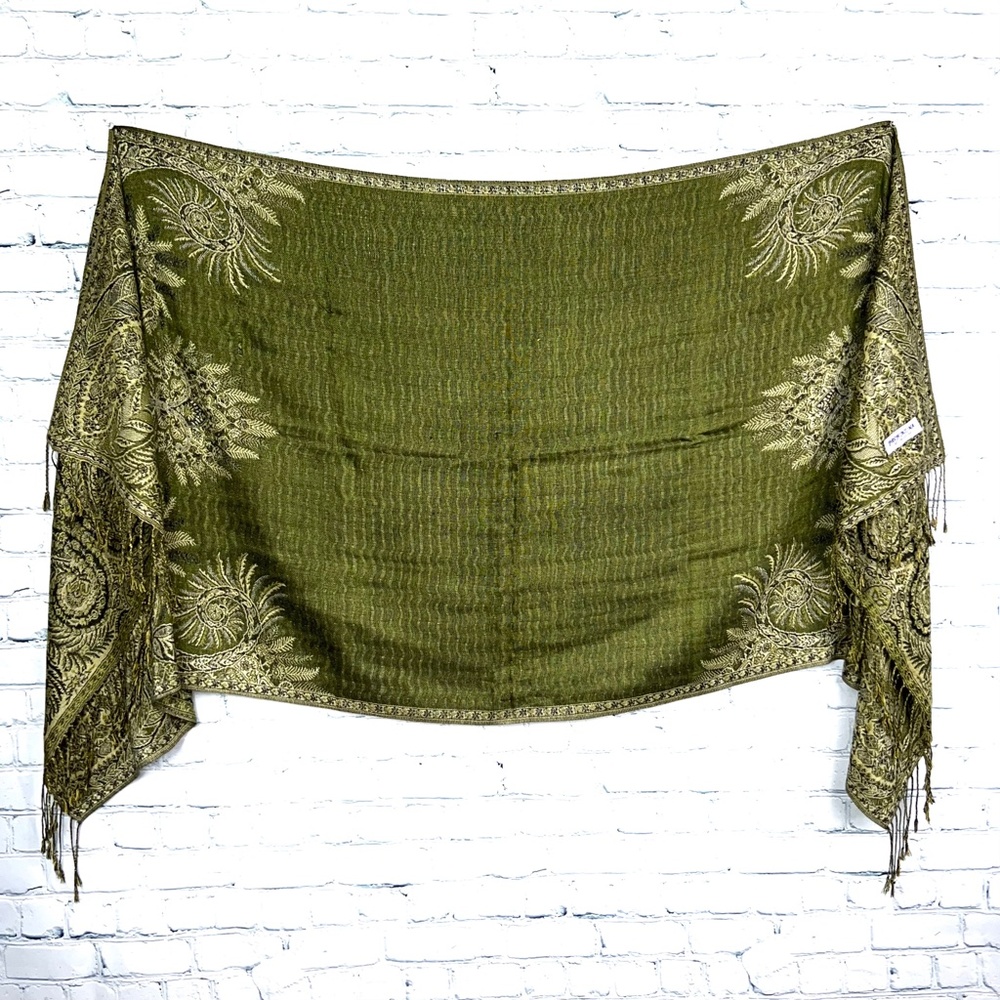 Green SOLD🚫NWOT 2-|•PASHMINA•| 1 GREEN + 1 RED/GOLD 70% Pashmina + 30 % Silk - Picture 11 of 16